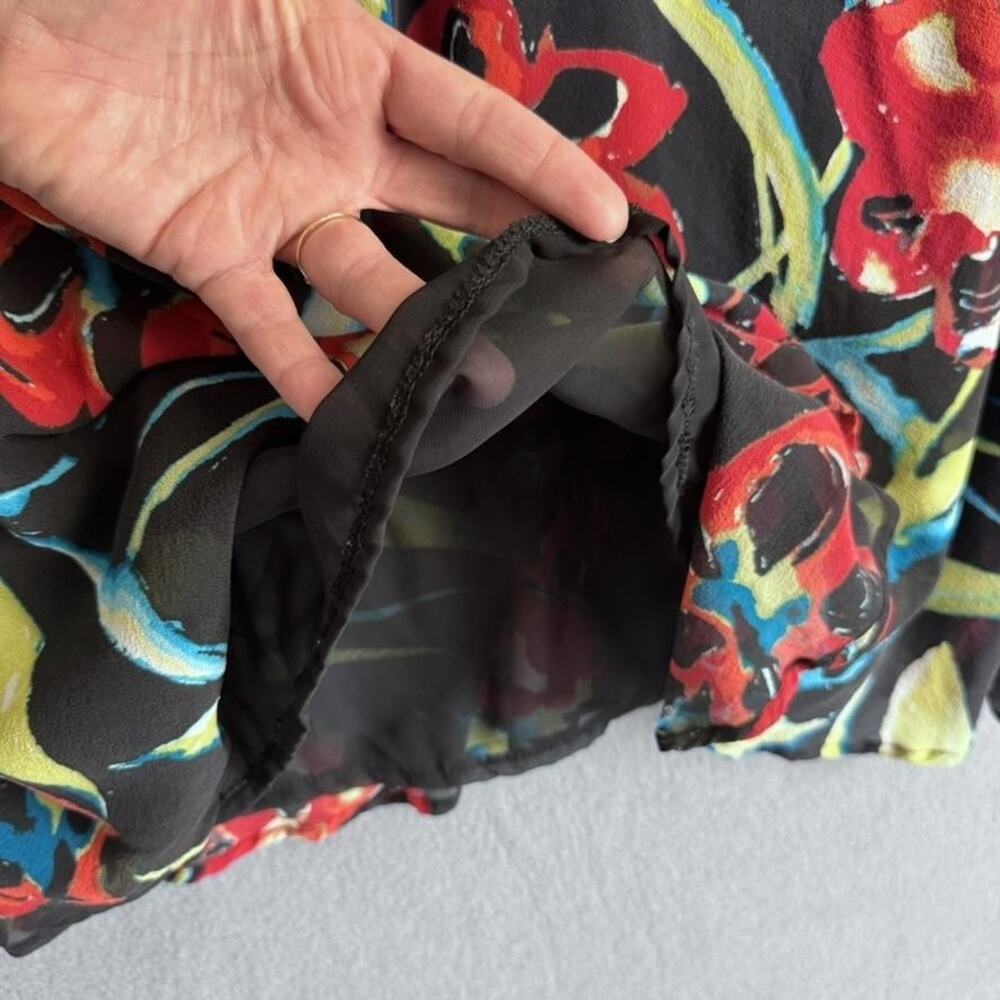 Chico's Silk Skirt Womens 2 Black Floral Lined Sheer Midi‎ Love Holidays Flaws - Picture 4 of 14